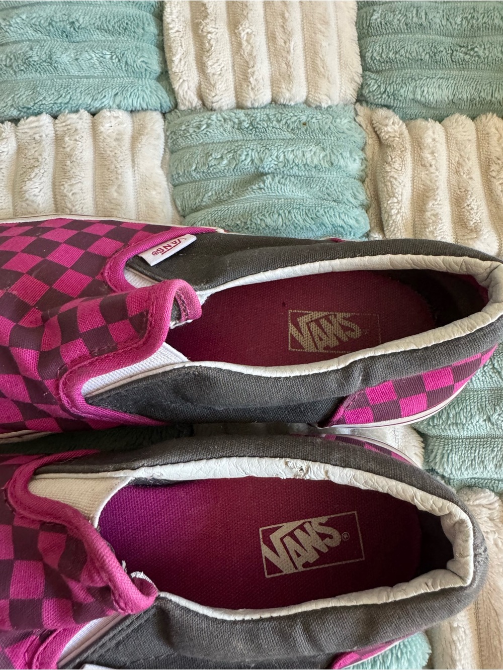 Vans Pink and Gray Checkerboard Slip-On Sneakers